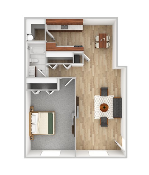 Floor plan for 1 bed, 1 bath, 741 sqft